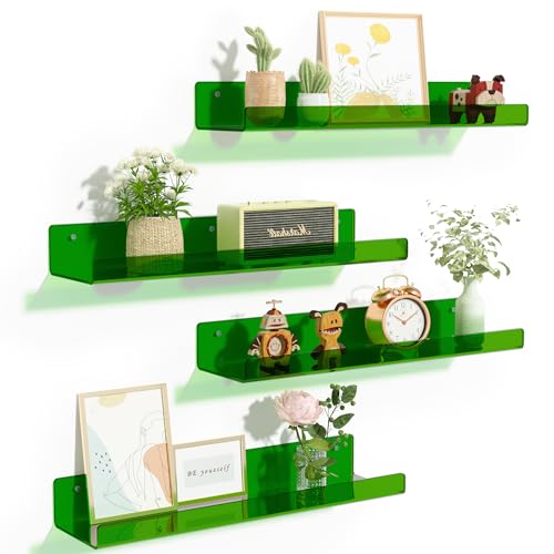 upsimples Acrylic Shelves for Wall Decor, 15" Display Shelf Perfume Organizer for Bathroom, Bedroom, Living Room, Floating Bookshelves for Kids, Clear Green, 4 Pack - color: Green
