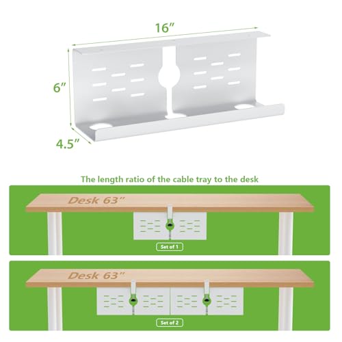 KEEGH 16" Under Desk Cable Management Tray, 2 Pack Desk Cord Organizer Upgrade Capacity, No Drill Clamp/Screws Mount, Cord Management Tray for Home Office, Gaming Desk, Standing Desk, White - color: White, size: 2 Pack