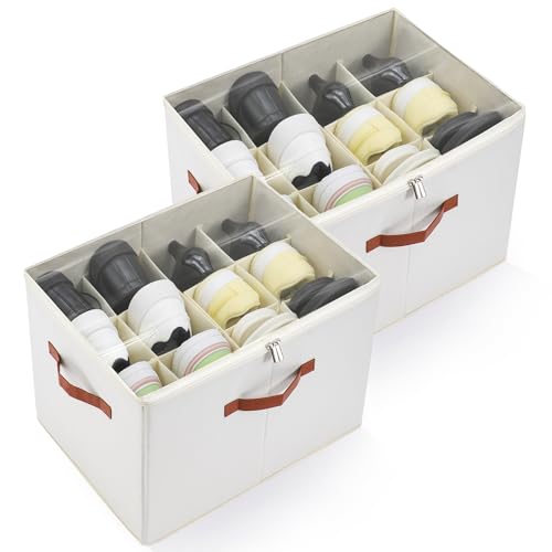2-Pack Shoe Organizer for Closet, Foldable Shoe Storage Container with Adjustable Dividers & Clear Lid, Holds Up to 12 Pairs, Space-Saving Shoe Boxes, White - size: Medium