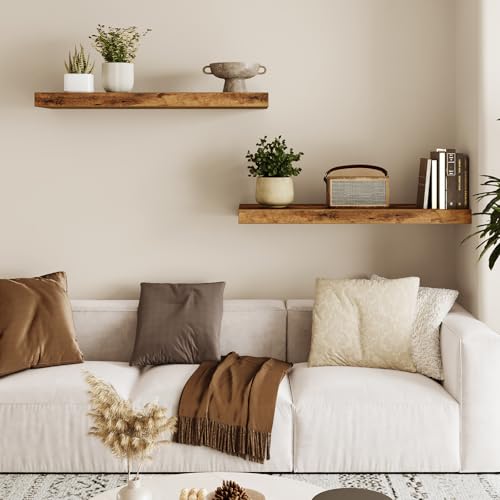Fixwal Wood Floating Shelves for Wall, 22" Long Wall Mounted Shelves for Living Room, Bedroom, Bathroom and Kitchen, Wall Shelves for Storage, Books, Room Decor (Rustic Brown, Set of 2) - color: Rustic Brown, size: 22in