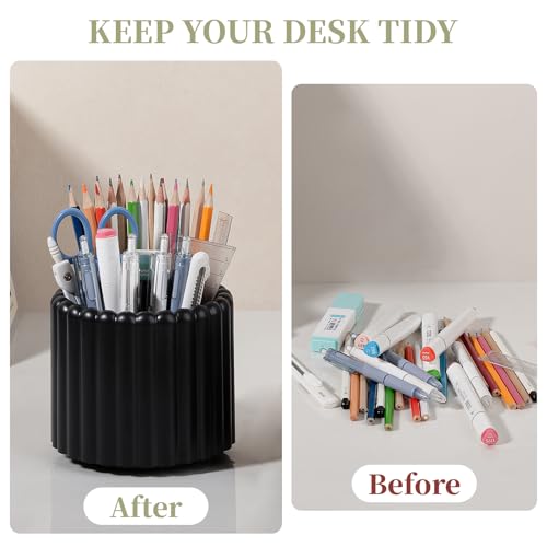 Anyoifax 360° Rotating Pen Holder 7 Slots Desk Organizer Removable Pencil Cup Plastic Art Supplies and Accessories Desktop Storage Box Caddy for Office, School, Home (Black) - style: Stripe Black
