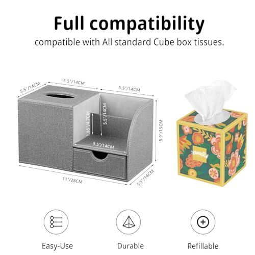 Nightstand Organizer with Tissue Holder,PU Leather Square Tissue Box Cover,Modern Facial Paper Organizer Storage Box for Remote Control,Bathroom,Vanity Countertop,End Table Home Office.Gray - color: Gray