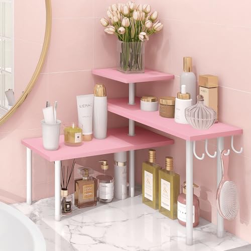 Homode 3-Tier Counter Organizer Shelf for Bathroom, Corner Shelf for Countertop, Over Sink, Make Up, Dresser Table, Desktop - Pink - color: Pink, With Hooks