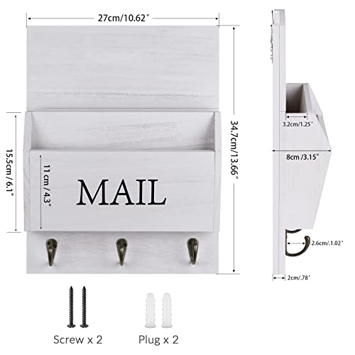 DLQuarts Mail Organizer with Key Holder for Wall Decorative Mail Sorter Wall Mounted, Wooden Mail Holder with 3 Hooks, White - color: White