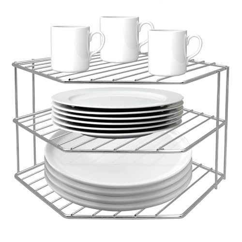 3-Tier Corner Shelf Counter and Cabinet Organizer - Steel Metal Wire - Rust Resistant - Plates, Dishes, Cabinet & Pantry Organizer - Kitchen Organization (10 x 7.5 Inch) (Chrome) - color: Chrome