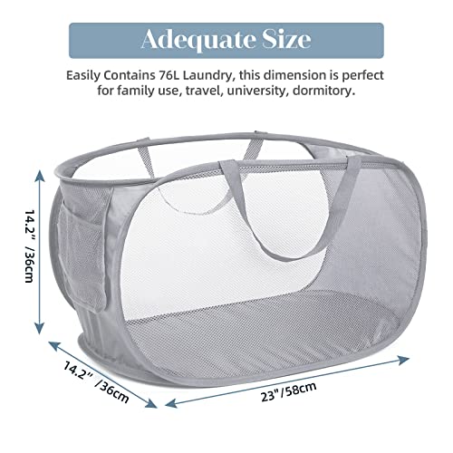 Durable Collapsible Laundry Baskets, Mesh Pop Up Laundry Hamper with Side Pocket, Foldable Clothes Storage Hamper with Reinforced Carry Handles for Laundry, Bathroom, Kids Room, Dorm or Travel Grey - color: Gray