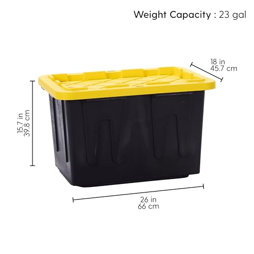 Plastic 23-Gallon Storage Tote with Lockable Lid, Stackable Tough Regular-Duty Bin for Garage, Tools, and Home Organization (4-Pack) - Black and Yellow - size: 23-Gallon (4-Pack)