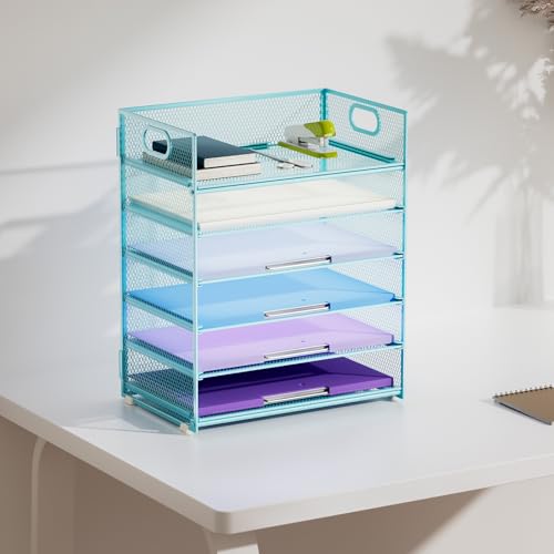 Marbrasse 6 Tier Paper Organizer Letter Tray - Mesh Desk File Organizer with Handle, Paper Sorter for Letter/A4 Office File Folder Holder -Blue - color: 6 Tier - Blue