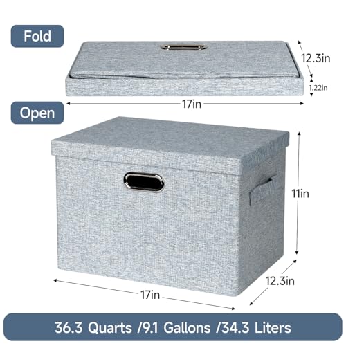Graciadeco Large 17" 36 Quart Collapsible Stackable Storage Bins with Lids, 3 Packs Blue-Grey Linen Fabric Closet Boxes with Lids, Storage Cube Baskets Container Organizers for Bedroom (17x12x11) - color: Blue-Grey, size: Large -3 Pack
