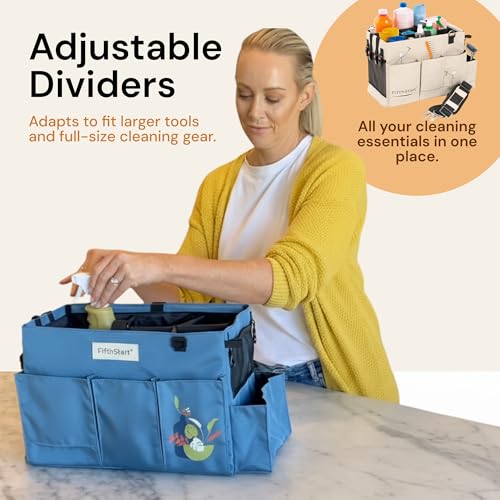 FifthStart Multiuse Cleaning Caddy with Waist & Shoulder Strap,9 Pockets Professional Bag, Mesh Base & Adjustable Compartments - Beige Large Organizer with Handle - Cleaning Caddy Bag (Beige, Large) - color: Beige, size: Large