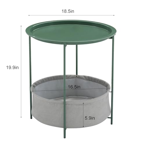 VECELO Round Side/End Table with Fabric Storage Basket，Metal Anti-Rust and Waterproof Small Bedside Nightstand with Removable Tray Top for Living Room，Balcony & Laundry，Dark Green /1pcs with Basket - color: Green, size: 1 PCS