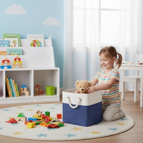 Cube Storage Bins, Collapsible Fabric Storage Cubes Bins, 11 Inch Cube Storage Bins with Handles, Foldable Storage Cubes (White/Navy, 6Pack) - color: white navy