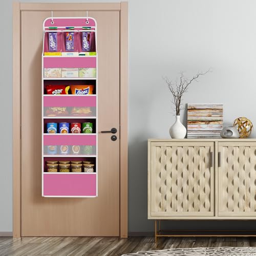 Univivi 5-Shelf Fabric Door Storage Over Door Hanging Organizer with 4 Large Pockets and 3 Small PVC Pockets Nursery Closet Cabinet Wall Mount Hanging Storage Organizers for Baby Nursery (Pink) - color: Pink, size: 5 LAYER