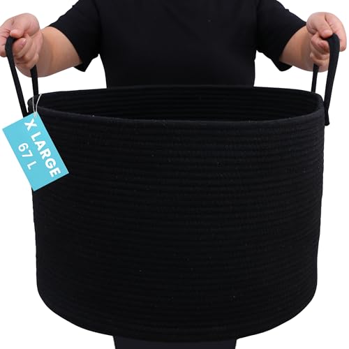 OrganiHaus Large Woven Storage Basket for Blankets and Toys 20" x 13" Inch, Rope Laundry Basket with Handles, Cushions & Pillows Storage Bin, Nursery Hamper, Soft Round Dog Toy Bin - Black - color: Full Black, size: Wide