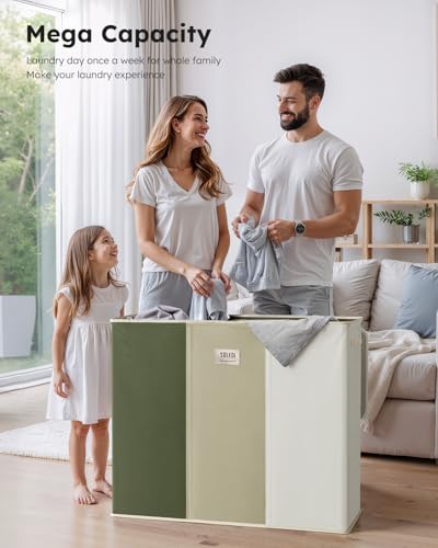 SOLEDI 180L 3-Section Laundry Hamper with Lid, Extra Large Dirty Clothes Basket with Sturdy Handles for Laundry Room & Bedroom - Durable Organizer for Sorting Laundry - color: Green/Grey/White, size: 180L
