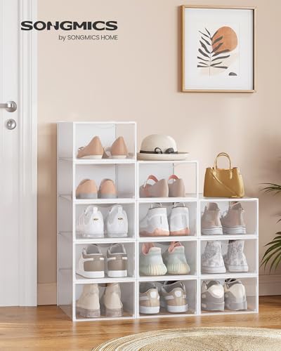 SONGMICS Shoe Boxes, Shoe Storage Organizers Rack for Closet, Plastic Stackable Sneaker Containers Case, 12 Pack, Transparent and Cloud White ULSP312W01 - color: Transparent + Cloud White, size: 12 Count Fit Size 11