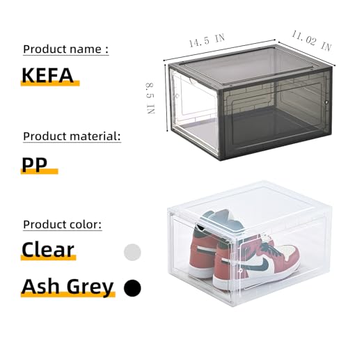 KEFA XL Shoe Storage Box, 8 PACK Shoe Boxes Clear Plastc Stackable Organizer, Clear Plastic Shoe Boxes Fit for US 15 (8 PACK BLACK) - color: GREY 8 PACK, size: 15 SIZE