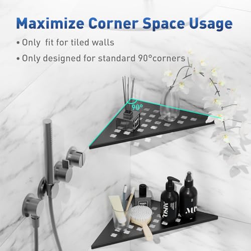 lives Shower Corner Shelf 10" Slot Design Corner Shelves for Inside Shower, 304 Stainless Steel Recessed Bathroom Shelves for Tiled Wall, Black 2 Pack (Floral) - color: Black-floral Pattern, size: Triangle-2pcs