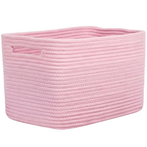 Storage Baskets for Organizing, 14 x 10 x 9” Closet Shelf Woven Baskets, Square Bins with Handles, Cotton Rope Basket for Toys, Clothes, Office, Room, Pink 1 Pack - color: Pink, size: 1pc