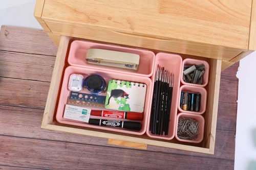 Kutesna 25 PCS Pink Drawer Organizer Set, 4 Size Interlocking Plastic Storage Bins for Office Supplies, Jewelry Makeup Vanity, Bathroom Kitchen, Home Organization Closet, Gadgets Small Items - color: Pink