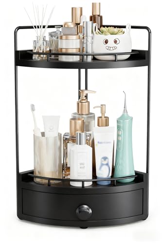 2-Tier Corner Bathroom Counter Organizer with Drawer & Embedded Screw Holes - Wooden Countertop Organizers for Skincare, Makeup Storage, Bathroom Sink Counter Shelf for Vanity, Kitchen, Black - color: Black