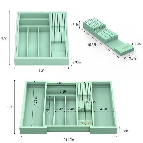 Bamboo Kitchen Drawer Organizer, Expandable Silverware Organizer with Removable Knife Block, 6-8 Slots- Utensil Holder & Cutlery Tray Drawer Dividers, 2.36" Deep for Extra Capacity, Cyan - color: Cyan
