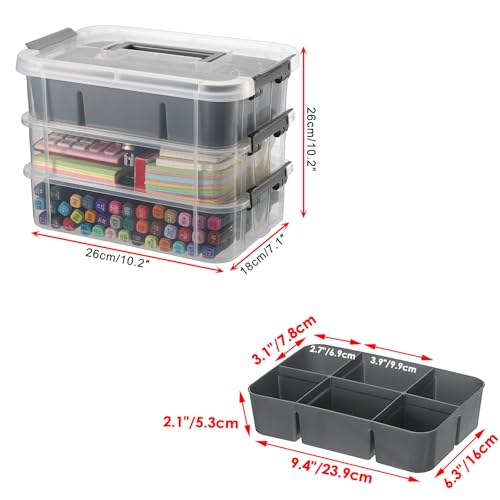 JUXYES 2 Pack 3-Tiers Stack Carry Storage Box With Divided Tray, Transparent Stackable Storage Bin With Handle Lid Latching Storage Container for School & Office Supplies, Dark Gray - color: Gray