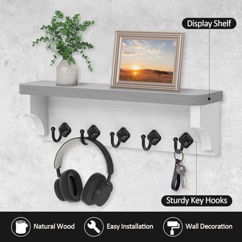 Nekon Key Holder for Wall, 11.8" W x 3.5" H x 2.8" D Decorative Key Organizer with Floating Shelf, Wall Mount Key Rack with 5 Hooks (Gray) - color: Gray