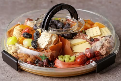 Round Charcuterie Board with Clear Lid, Travel Picnic Portable Cheese Board Charcuterie Boxes, Meat Fruit Serving Tray Platter, House Warming Gifts New Home, Gifts for Women, Black, 5 Compartments - color: Black, size: 5 Compartments