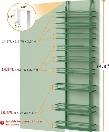 Moforoco Sage Green 9-Tier Over The Door Pantry Organizer, Pantry Organization and Storage, Black Hanging Basket Wall Spice Rack Seasoning Shelves - color: Sage Green, size: 9-Tier Standard