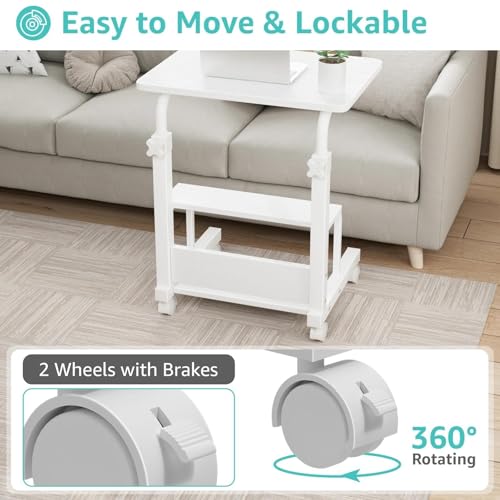WINAZ Small Bedroom Laptop Rolling Desk - 24" White Mobile Kids Desk with Wheels for Small Spaces, Height Adjustable C Shaped Side Table with 2-Tier Storage Shelves - color: White