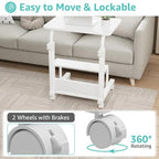 WINAZ Small Bedroom Laptop Rolling Desk - 24" White Mobile Kids Desk with Wheels for Small Spaces, Height Adjustable C Shaped Side Table with 2-Tier Storage Shelves - color: White