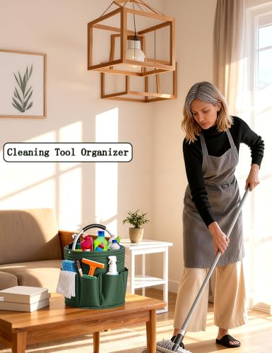 Cleaning Caddy with Handle, Cleaning Products Organiser, Foldable Storage Basket, Large Supply Organiser 17L with 6 Pockets, Portable Cleaning Caddy for Home & Garden (Green) - color: Green