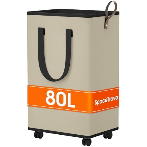 SpaceTrove Laundry Basket with Wheels, Collapsible Laundry Baskets, Laundry Hamper with Handles Detachable Wheels, Rolling Laundry Basket, Dirty Clothes Hamper for Bathroom, Dorm, Bedroom, Beige, 80L - color: Beige, size: 80L