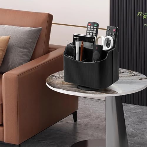 PU Leather Remote Control Holder, 360 Degree Rotating Desk Organizer Storage Table Remote Caddy, Spinning Bedside Organizer Nightstand Organizer for Desktop Office Home Black - color: Black