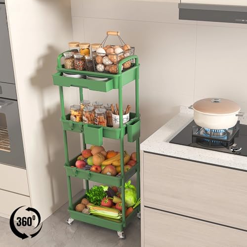 4 Tier Rolling Utility Cart with Drawer, Plastic Storage Organizer Rolling Carts with Wheels Handles Hanging Cups Hooks for Office, Bathroom, Kitchen,Craft Art Room (Green) - color: Green, size: 4-Tier