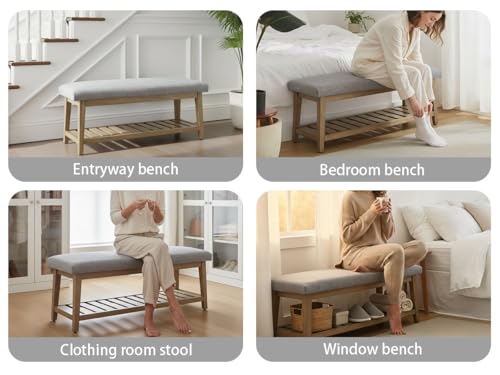 Zihanhome Entryway Bench, Chenille Upholstered Shoe Benches for Bedroom, Ottoman Benches with Solid Wood Shelf, Storage Bench for Hallway, Living Room(Grey) - color: Grey