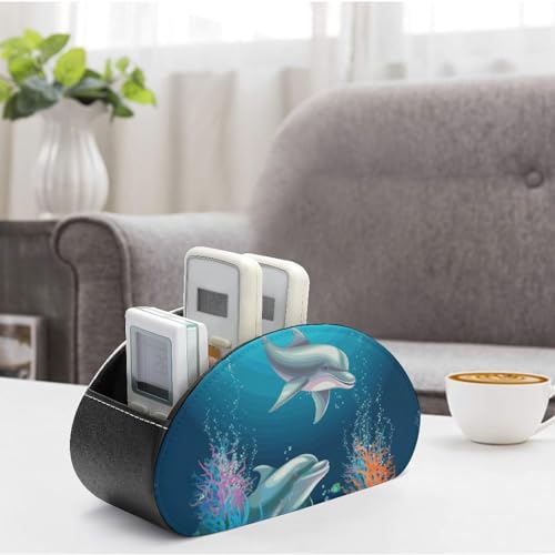 PU Leather Remote Control Organizer Box 5-Slot Multifunctional Dolphin And Fish Storage Holder for TV/DVD/Accessories Stylish Desk Decor for Living Room, Bedroom, Office - color: Dolphin and fish