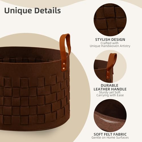 BOLDMONKEY Laundry Basket 20" x20 " x11.8 ", Large Felt Fabric Blanket Basket with Leather Handle, Dirt Clothes Laundry Hamper Round for Babies, Dogs and Living Room-Brown - color: Wood Brown