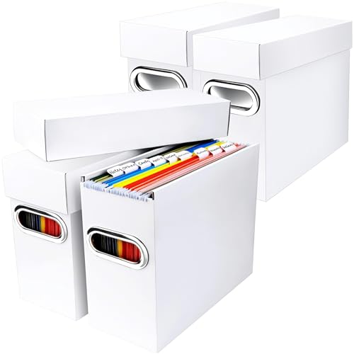 File Organizer Box with Lid & Handle, Heavy Duty Hanging File Folder Storage Boxes for Letter Size, Portable Filing Organizer for Office, Home, Classroom, White 4 Pack - color: White, size: 4 Pack