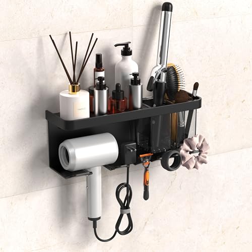 Hair Dryer Holder Wall Mounted Adhesive/Drilling, Hair Dryer Storage Organizer with Shelf & Hooks for Bathroom, Blow Dryer Holder, Hair Tool Organizer (Black) - color: Black