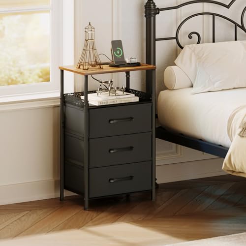 JARHETUN Nightstand Set of 2, Night Stands with Charging Station, 26.4 Inch Tall Bedside Table with Metal Shelf, Modern Side End Table with 3 Fabirc Drawers, Small Dresser for Bedroom, Rustic Brown - color: Rustic Brown, style: Power