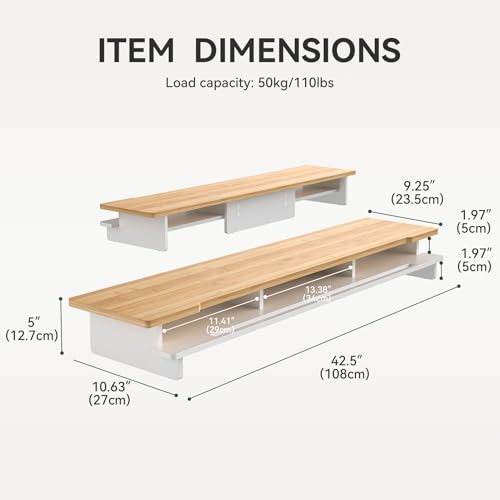 Monitor Stand Dual Monitor Stand Riser for Desk,Wood Desk Shelf Storage Organizer with Phone Tablet Holder (42.5 Inch, White & Natural Bamboo) - color: White & Natural Bamboo, size: 42.5 inch