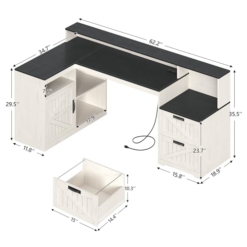 TVU Farmhouse L Shaped Desk with Drawers, 62.2" Home Office Desk with Storage Shelves and Power Outlet, L Shaped Computer Desk with Monitor Stand and Printer Shelf, Black and White - color: Black and White