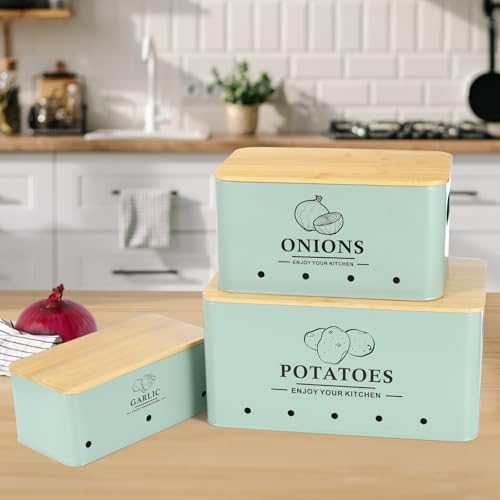 Kitchen Vegetable Storage Set of 3, Metal Onion Garlic Potato Storage Set, Kitchen Canisters Vegetable Keeper Containers with Aerating Holes and Wooden Lid (Sage Green) - color: Sage Green