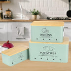 Kitchen Vegetable Storage Set of 3, Metal Onion Garlic Potato Storage Set, Kitchen Canisters Vegetable Keeper Containers with Aerating Holes and Wooden Lid (Sage Green) - color: Sage Green