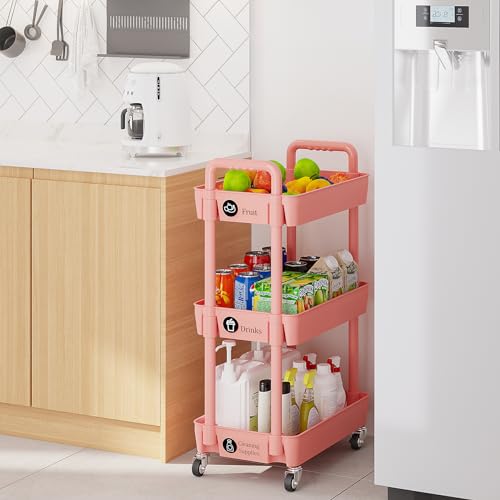 Laiensia 3-Tier Rolling Cart with Wheels,Multifunction Utility Storage Carts, Kitchen Storage Organizer,Mobile Shelving Unit for Bathroom,Laundry,with Classified Stickers,Pink - color: Pink, size: 3-Tier