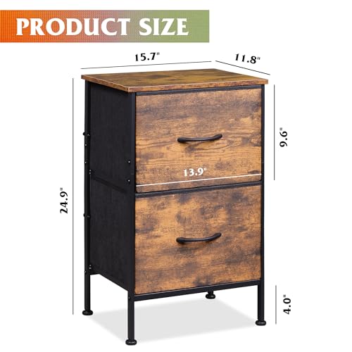 WLIVE Night Stand, Small Dresser with 2 Drawers & Wooden Top, Nightstand with Fabric Bins, Bedside Table End Table for Bedroom, Closet, Entryway, College Dorm, Rustic Brown - color: A-rustic Brown, size: 11.8"D x 15.7"W x 24.9"H