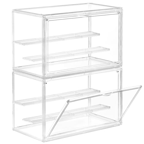 Freebat Clear Acrylic Display Case for Collectibles - 3-Tier Adjustable Figure Display with Magnetic Door & Removable Shelves,Stackable Dispaly box for Figures - 2 Pack - size: 2pack