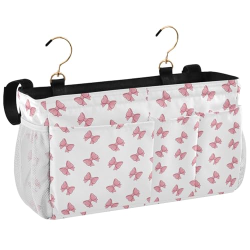 Bedside Caddy Hanging Storage Bag Pink Bows Print Bedside Organizer Caddy for Bunk, Dorm Room, Hospital Beds - Place Magazines / Remotes / Keys